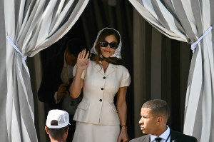 Lauren Sanchez leaves the Aman Hotel on her wedding day with Amazon's founder Jeff Bezos, in Venice on June 27, 2026.  (Photo by Stefano Rellandini / AFP) (Photo by STEFANO RELLANDINI/AFP via Getty Images)