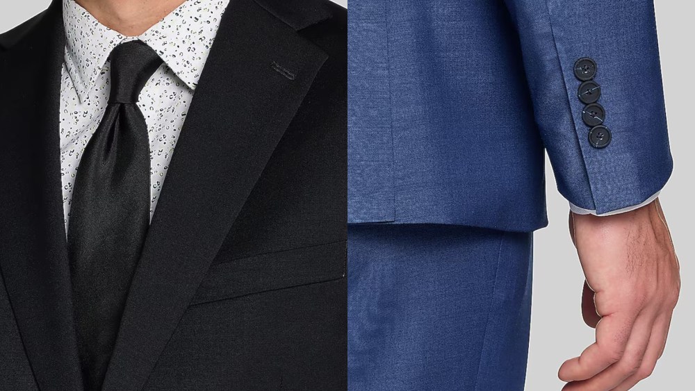 close-ups of a man in a suit with a speckled undershirt and black tie, plus a man wearing a blue suit with four buttons on the back of the sleeve