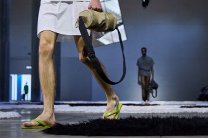 MILAN, ITALY - JUNE 22: A model, shoe and bag detail, walks the runway at the Prada fashion show during the Milan Menswear Spring/Summer 2026 Fashion Week on June 22, 2025 in Milan, Italy. (Photo by Pietro D'Aprano/Getty Images)