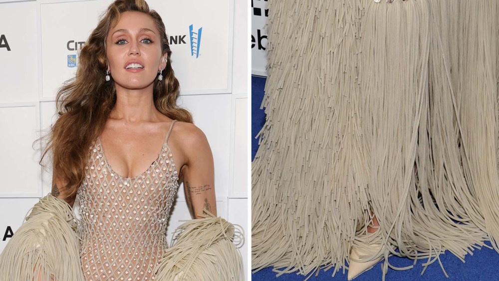 Miley Cyrus attends the "Something Beautiful" premiere in Paris Texas Lidia slingback pointed toe shoes and Shiaparelli naked dress during the 2025 Tribeca Festival at Beacon Theatre on June 6, 2025 in New York City.