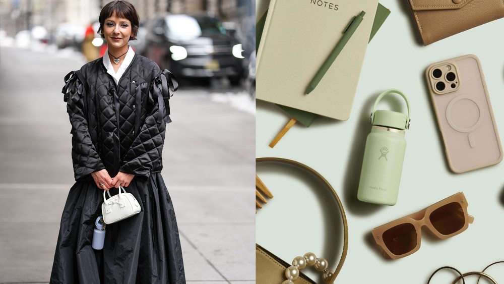 woman dressed in black holding a bag bedecked with a mini water bottle; green mini water bottle laying amidst accessories like sunglasses and a journal