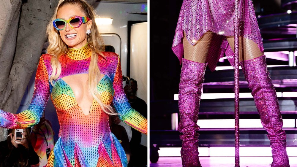 Paris Hilton performing at Outloud 2025 in West Hollywood in two pairs of Stuart Weitzman boots.