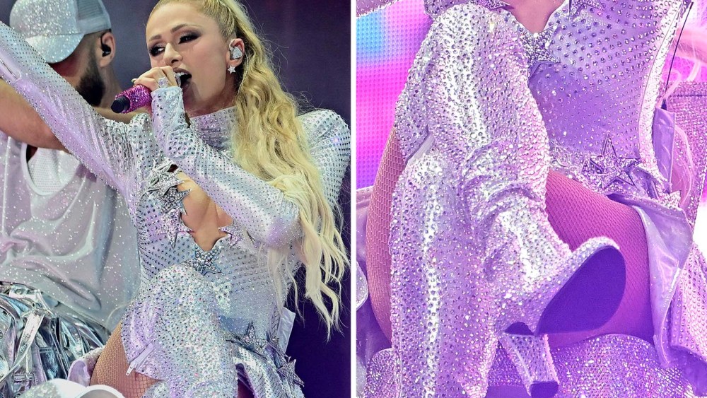 A closer look at Paris Hilton's silver rhinestone Stuart Weitzman boots she wore while performing at the 2025 World Pride Music Festival on June 6, 2025, in Washington, D.C.