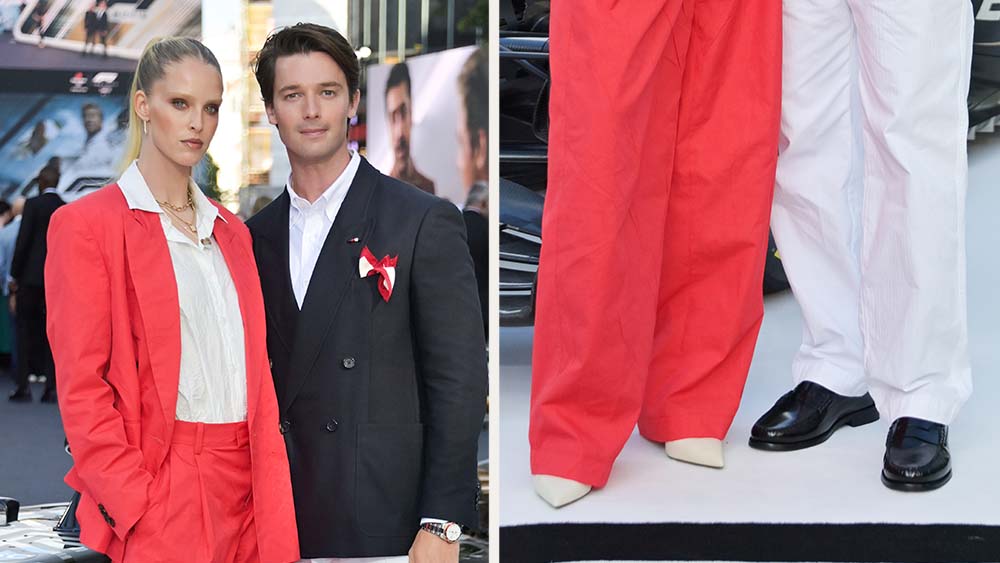 Abby Champion and Patrick Schwarzenegger attend the European Premiere of "F1: The Movie" in head-to-toe Tommy Hilfiger at Cineworld Leicester Square on June 23, 2025 in London.