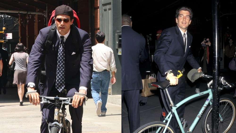 NEW YORK, NY - JUNE 23: Paul Kelly, portraying JFK Jr., is seen on the set of "American Love Story" in Tribeca on June 23, 2025 in New York City.  (Photo by Jose Perez/Bauer-Griffin/GC Images)