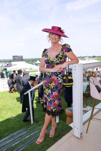 ASCOT, ENGLAND - JUNE 17: Penny Lancaster (wearing Annabeth Fenley percher hat and  Dolce & Gabbana vintage dress) attends day one of Royal Ascot 2025 at Ascot Racecourse on June 17, 2025 in Ascot, England. (Photo by Max Cisotti/Dave Benett/Getty Images for Royal Ascot)