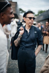Street style at Pitti Uomo 108 in Florence, Italy, 2025.