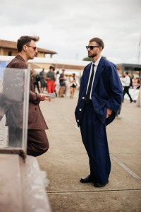 Street style at Pitti Uomo 108 in Florence, Italy, 2025.