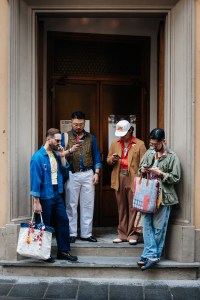 Street style at Pitti Uomo 108 in Florence, Italy, 2025.