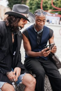 Street style at Pitti Uomo 108 in Florence, Italy, 2025.