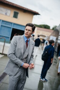 Street style at Pitti Uomo 108 in Florence, Italy, 2025.