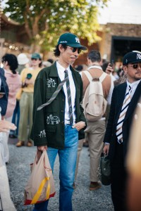 Street style at Pitti Uomo 108 in Florence, Italy, 2025.