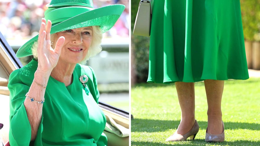 Queen Camilla smiles and waves as she attends day two of Royal Ascot at Ascot Racecourse on June 18, 2025 in Ascot, England, where she wore Eliot Zed cap toe heel shoes.