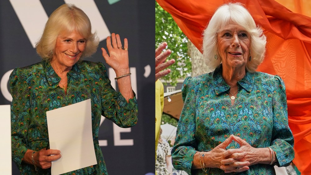 Queen Camilla wears her peacock dress from Bombshell London