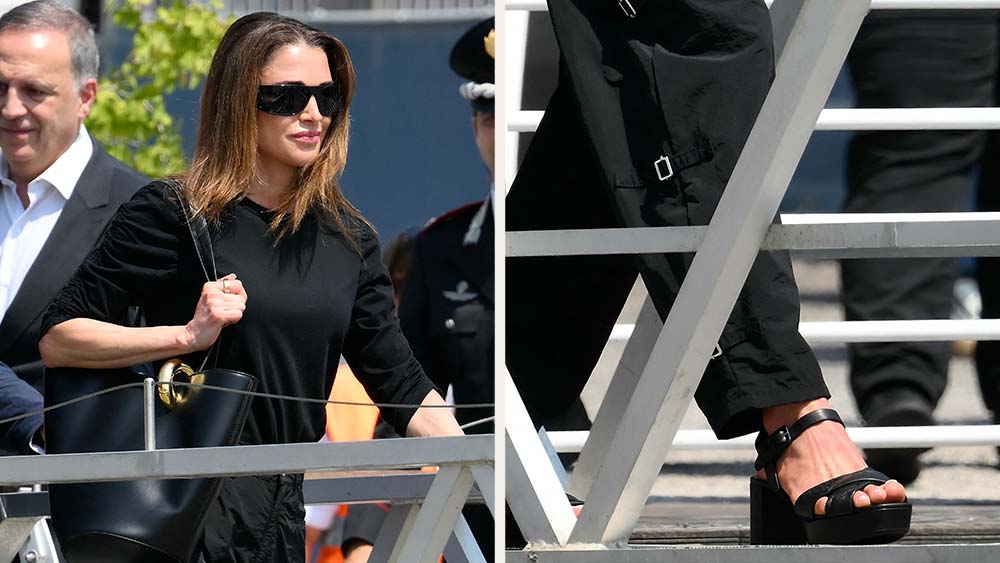 Queen Rania of Jordan wearing Prada quilted platform sandals arriving in Venice for Jeff Bezo and Lauren Sánchez's wedding.