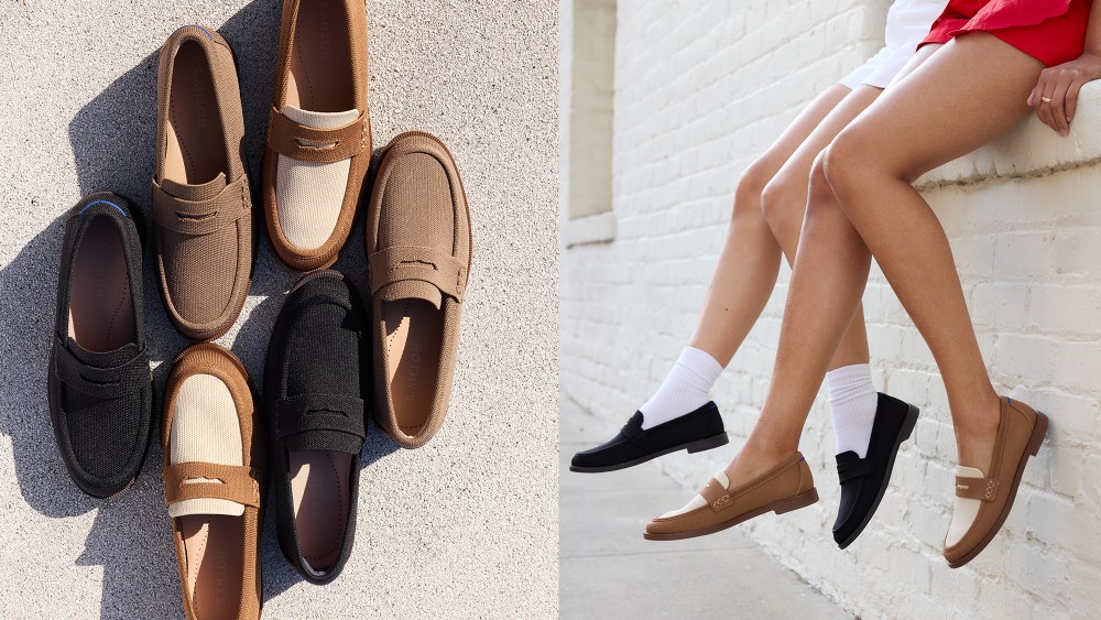 arrangement of shoes on a sidewalk under direct sunlight; two people sitting on a windowsill while wearing loafers