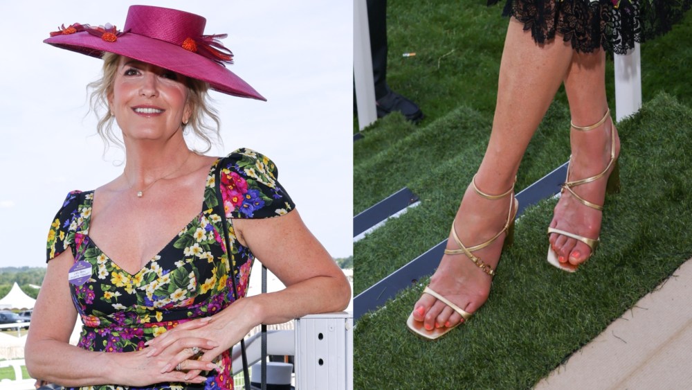 ASCOT, ENGLAND - JUNE 17: Penny Lancaster (wearing Annabeth Fenley percher hat and  Dolce & Gabbana vintage dress) attends day one of Royal Ascot 2025 at Ascot Racecourse on June 17, 2025 in Ascot, England. (Photo by Max Cisotti/Dave Benett/Getty Images for Royal Ascot)