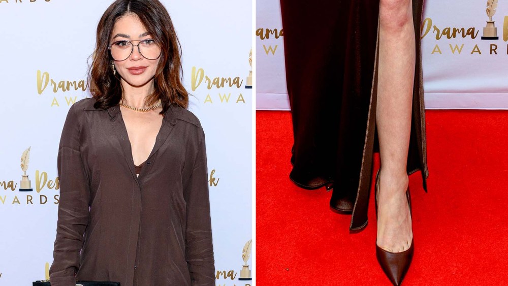Sarah Hyland in Patrizia Pepe two-piece set and matching chocolate brown pumps