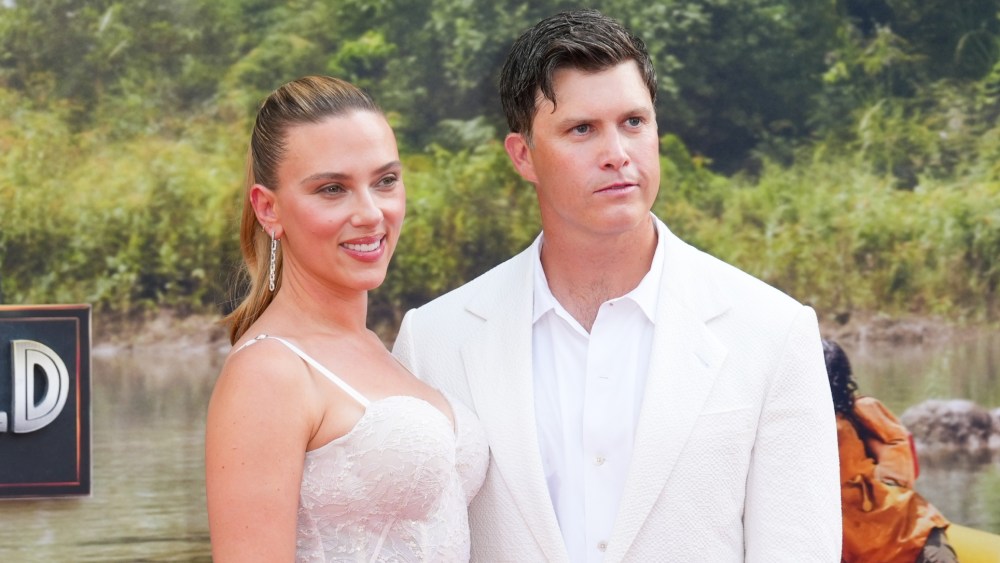 Scarlett Johansson, Colin Jost at the "Jurassic World Rebirth" New York premiere held at Hearst Plaza at Lincoln Center on June 23, 2025 in New York, New York.