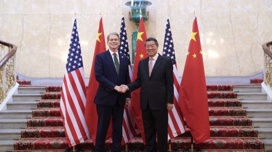 Chinese Vice Premier He Lifeng with U.S. Treasury Secretary Scott Bessent prior to the first meeting of the China-U.S. economic and trade consultation mechanism in London on Monday.