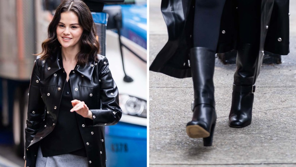 Selena Gomez is seen filming 'Only Murders in the Building' in the Upper West Side while wearing Paul Andrew Biker Boot and A.W.A.K.E. Mode Trench Coat on June 9, 2025 in New York City.