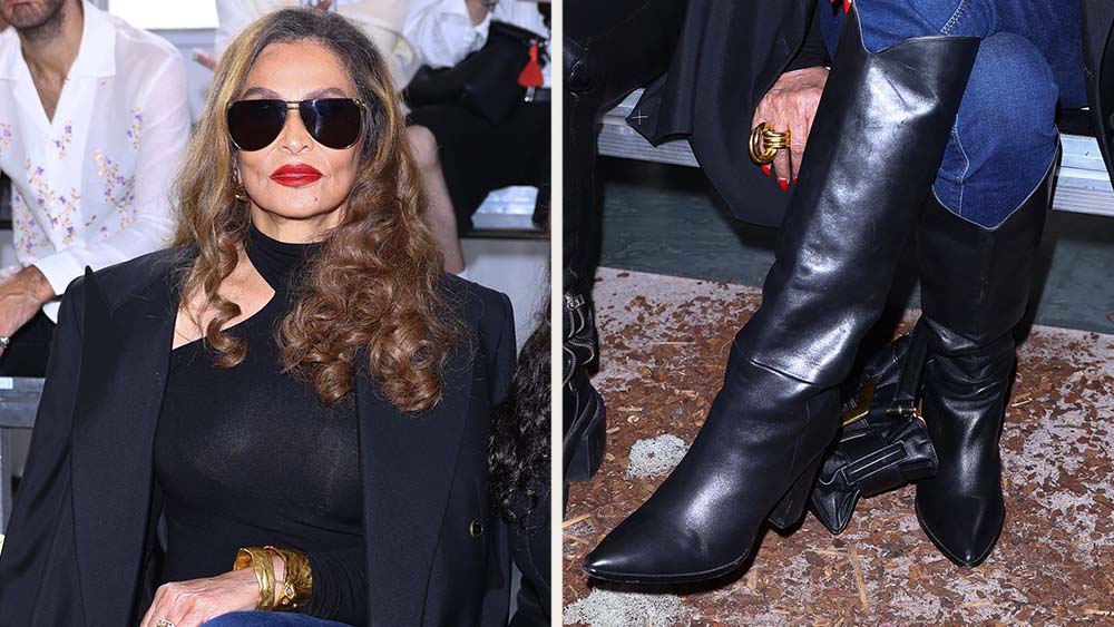 Tina Knowles supports grandson Julez Smith at Bluemarble in Paris wearing knee-high black leather boots.