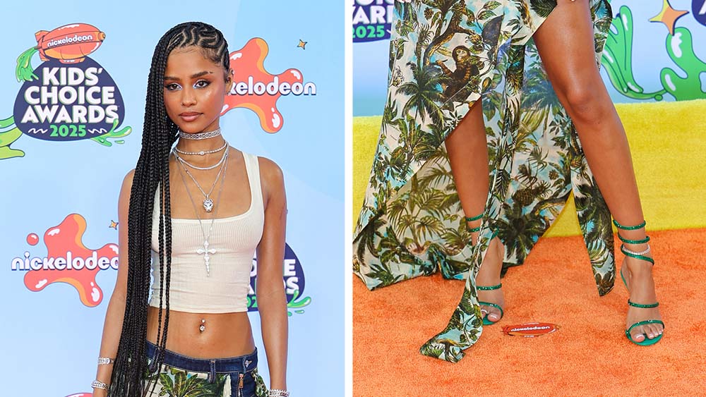 Tyla attends the 2025 Nickelodeon Kids' Choice Awards wearing Rene Caovilla’s Cleo Satin Crystal Snake Wrap Sandals on June 21, 2025 in Santa Monica, Calif.