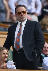 LONDON, ENGLAND - JULY 01: Actor Russell Crowe is seen in the Royal Box prior to Ladies' Singles first round match between Barbora Krejcikova of Czechia and Alexandra Eala of Philippines on day two of The Championships Wimbledon 2025 at All England Lawn Tennis and Croquet Club on July 01, 2025 in London, England. (Photo by Hannah Peters/Getty Images)