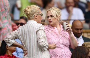 LONDON, ENGLAND - JULY 01: Actresses Cate Blanchett and Rebel Wilson are seen in the Royal Box prior to Ladies' Singles first round match between Barbora Krejcikova of Czechia and Alexandra Eala of Philippines on day two of The Championships Wimbledon 2025 at All England Lawn Tennis and Croquet Club on July 01, 2025 in London, England. (Photo by Hannah Peters/Getty Images)