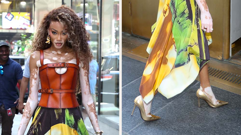 Winnie Harlow wearing gold stiletto pumps as she arrives at the "Today" show on June 25, 2025.