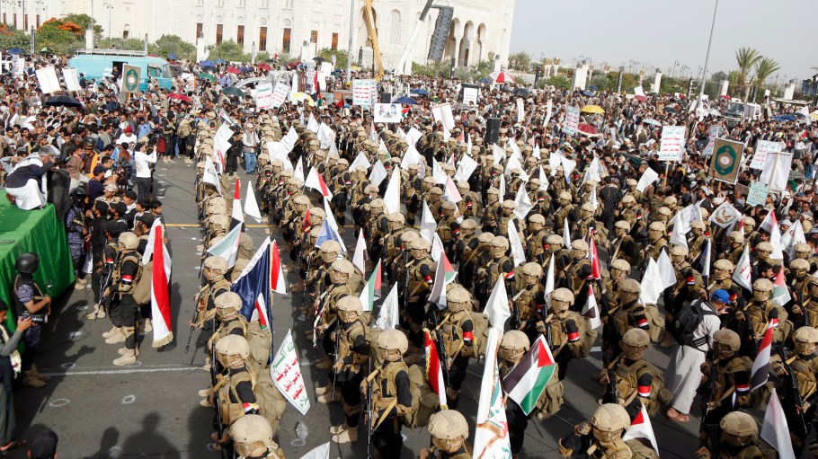 Military forces who are affiliated with Yemen's Houthi group take part in a mass protest held against the Israeli continued bombardment and blockade of people in the Gaza Strip on May 23, 2025 in Sana'a, Yemen. Demonstrators in Yemen have rallied in solidarity with Palestinians in Gaza, calling for an end to Israel's aid blockade and military campaign in Gaza.