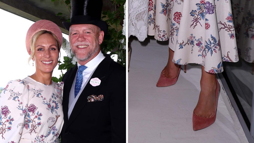 Zara Tindall in dusty rose stiletto shoes and Mike Tindall attend the Royal Ascot on June 18, 2025 in Ascot, England.