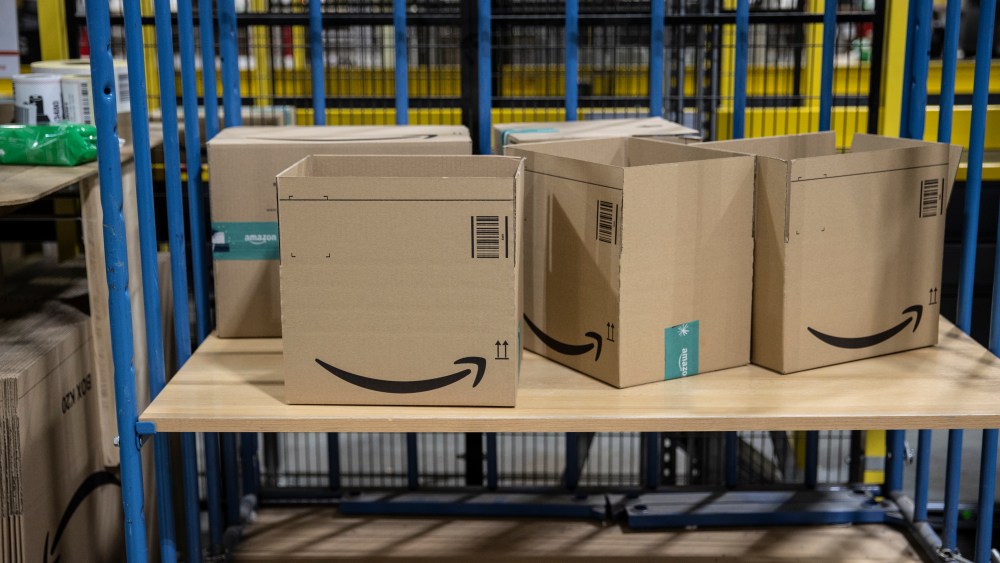 BRIESELANG, GERMANY - NOVEMBER 18: Empty boxes stand at Amazon warehouse on November 18, 2021 in Brieselang, Germany. Many shoppers who fear gifts will be lacking due to the global supply chain disruption are buying their Christmas gifts early this year, both online and at brick and mortar retailers. (Photo by Maja Hitij/Getty Images)