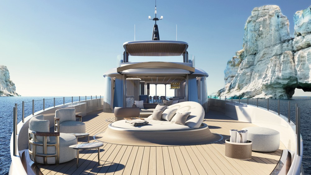 A rendering of the 42 Exuma yacht to be developed by Elie Saab Maison, Maiora and Cassetta Yacht Designers.
