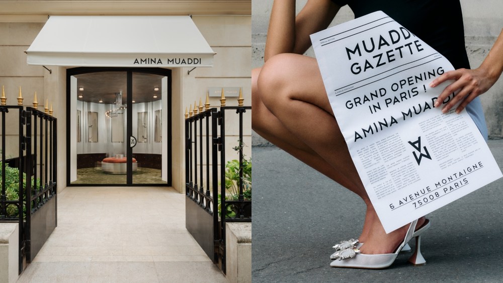 Amina Muaddi's first standalone store located at 6 Avenue Montaigne in Paris and one of the exclusive products offered there.