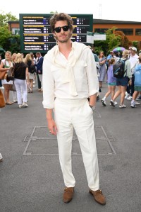 LONDON, ENGLAND - JULY 06: Andrew Garfield, wearing Ralph Lauren, attends day seven of the Wimbledon Tennis Championships at the All England Tennis and Croquet Club on July 06, 2025 in London, England. (Photo by Karwai Tang/Getty Images for Ralph Lauren)