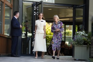LONDON, ENGLAND - JULY 12: Catherine, Princess of Wales with AELTC chair Debbie Jevans as she arrives to attend the Ladies' Singles Final during day thirteen of The Championships Wimbledon 2025 at All England Lawn Tennis and Croquet Club on July 12, 2025 in London, England. (Photo by Jordan Pettitt - WPA Pool/Getty Images)