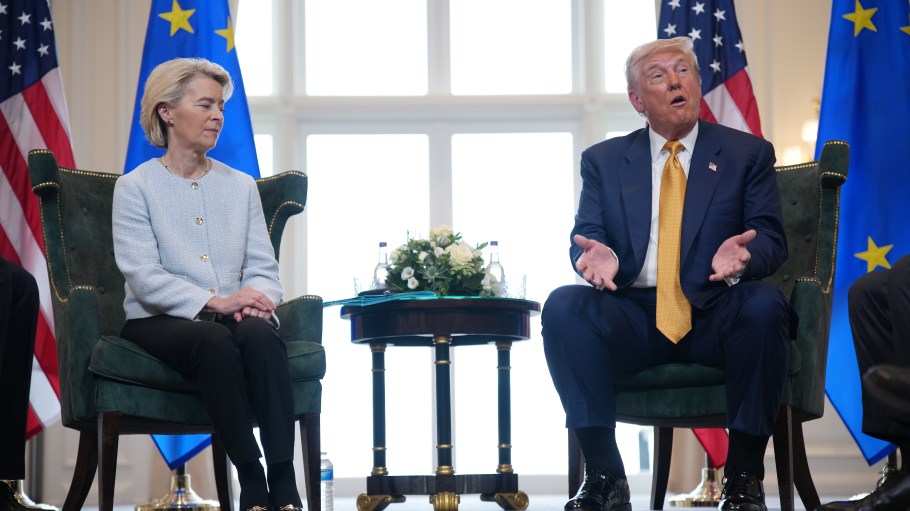 European Commission President Ursula von der Leyen and U.S. President Donald Trump announce a trade deal in Scotland.
