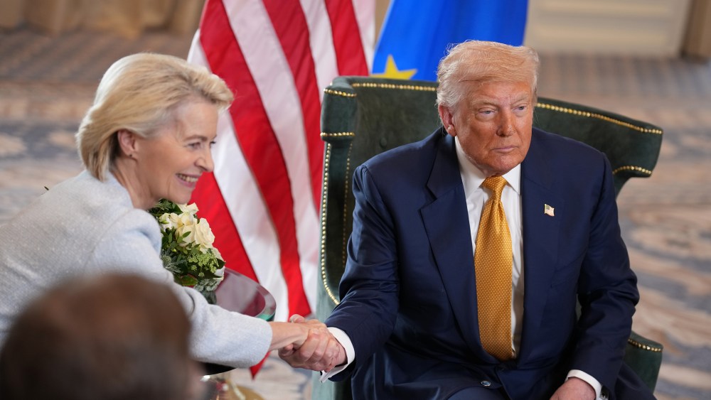 U.S. President Donald Trump shakes hands with President of the European Commission Ursula von der Leyen as he announces a trade deal with the EU at Trump Turnberry golf club on July 27, 2025 in Turnberry, Scotland. U.S. President Donald Trump is visiting his Trump Turnberry golf course, as well as Trump International Golf Links in Aberdeenshire, during a brief visit to Scotland from July 25 to 29.