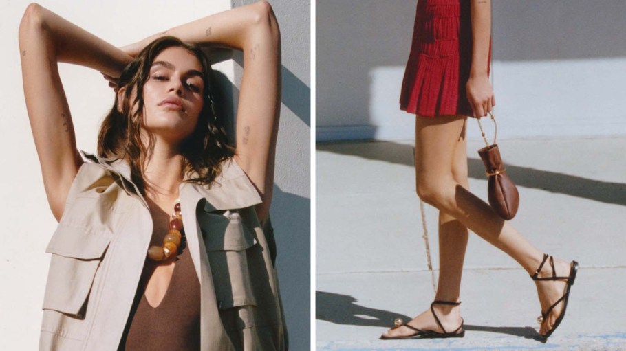 Kaia Gerber modeling Mango's 2025 Summer Collection, including sandals