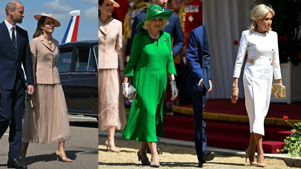 Kate Middleton, Queen Camilla and Brigitte Macron wearing beige pumps on July 8, 2025.