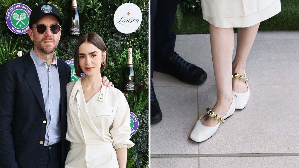 Lily Collins with her husband Charlie McDowell wearing Souliers Martinez Flamenca Ballet Flats at Wimbledon on Sunday.