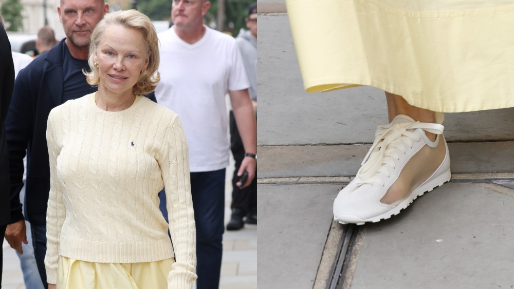 Pamela Anderson leaving the Corinthia Hotel whilst promoting new movie "The Naked Gun" on July 23, 2025 in London, England.