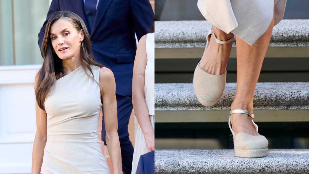 Queen Letizia of Spain wearing espadrille wedges and a Mango dress at Zarzuela Palace on July 15, 2025 in Madrid, Spain.