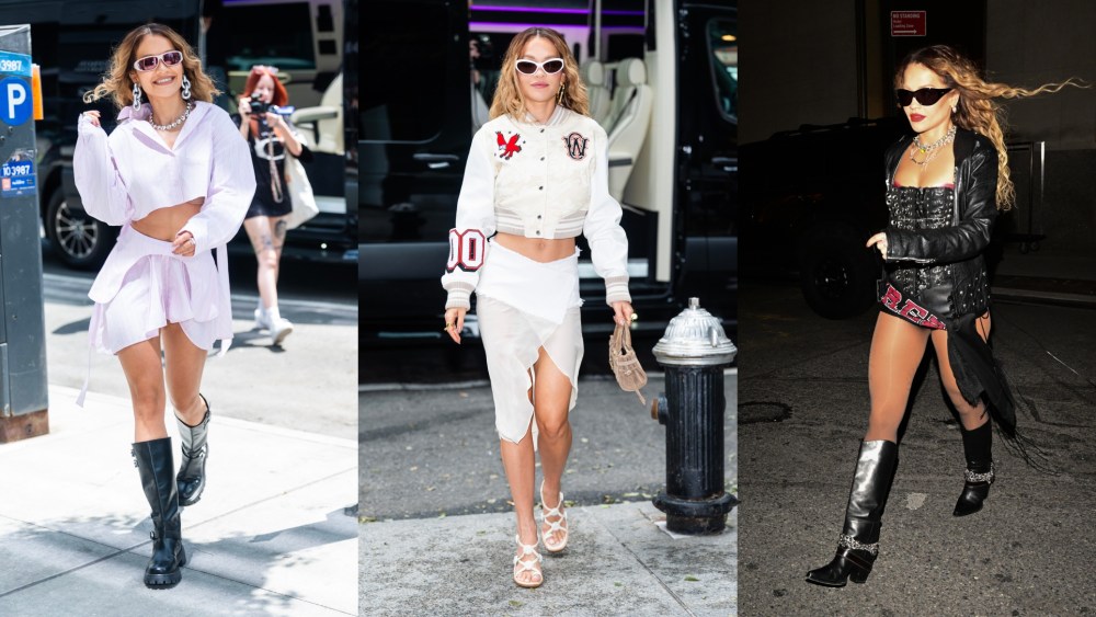 Rita Ora in New York City on July 9, 2025 (left) and July 10, 2025 (middle and right).