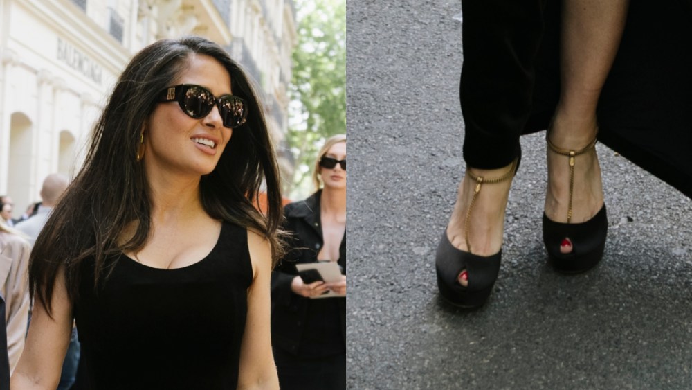 Salma Hayek wearing T-strap platform shoes at to the fall 2025 Balenciaga show in Paris on July 9, 2025.