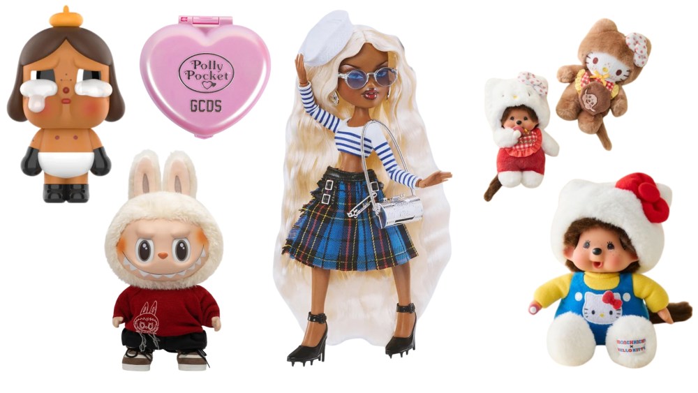 Pop Mart's Crybaby and Labubu; GCDS x Polly Pocket, Bratz x Jean Paul Gaultier, Urban Outfitters x Hello Kitty and Monchhichi.