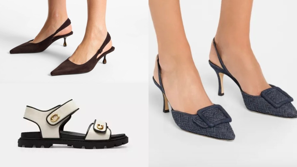In counter clockwise order, shoes from Jimmy Choo, Coach and Manolo Blahnik.