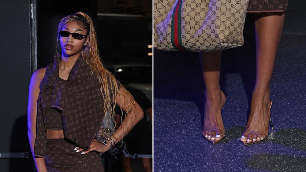 Angel Reese wears a Gucci ensemble complete with clear PVC pumps ahead of the Sky vs. Lynx game. on Tuesday.