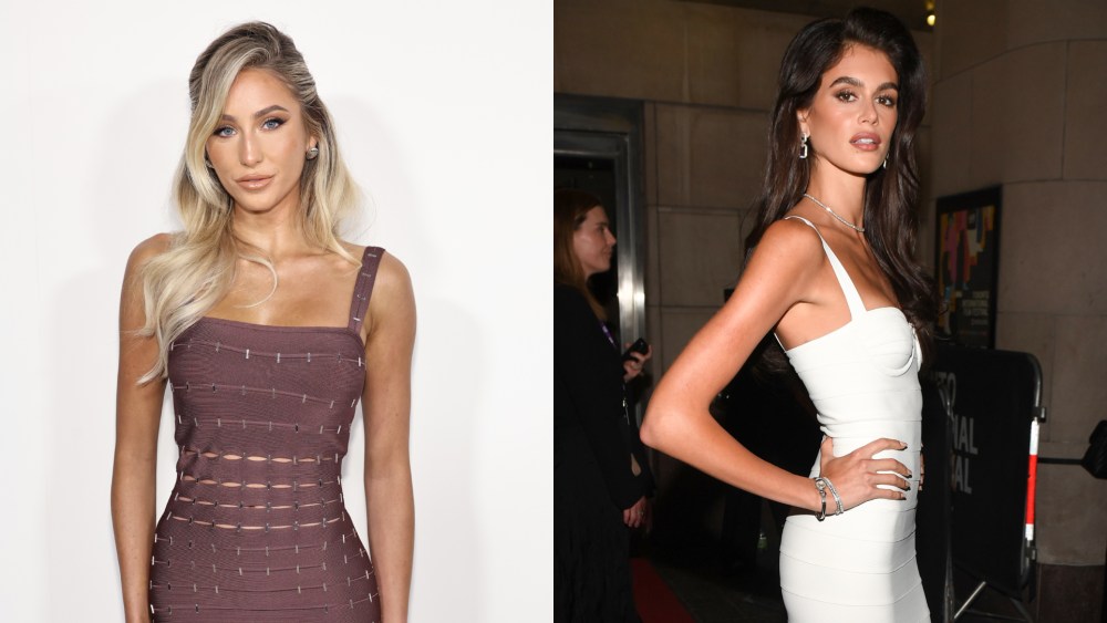 Alix Earle at the 2024 CFDA in October, Kaia Gerber at the 2024 TIFF in September. Both wearing Hervé Léger bandage dresses.